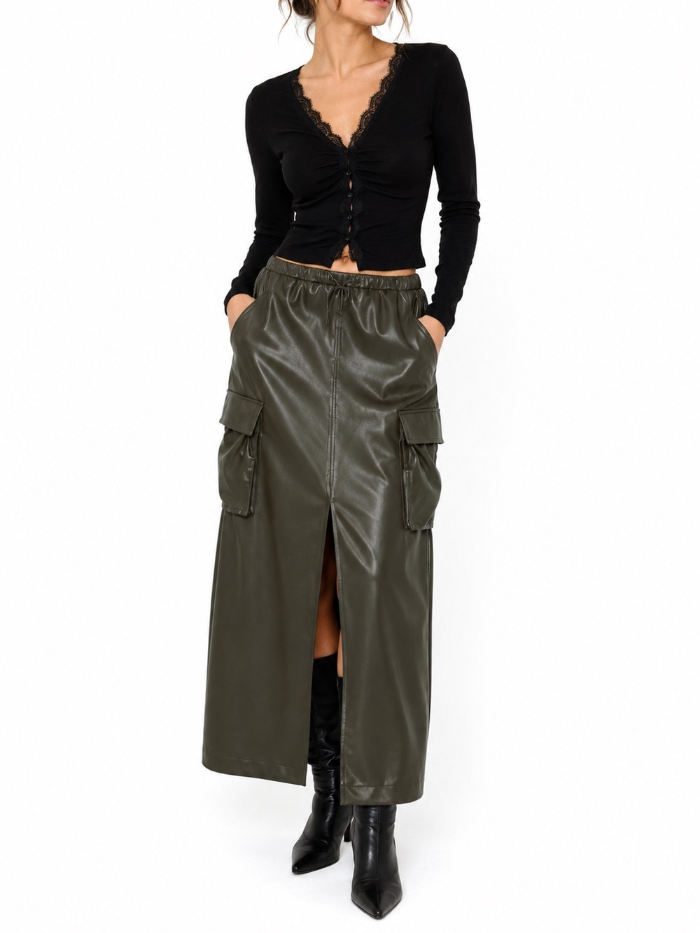 Zara Faux Leather Cargo Maxi Skirt in Green size XS